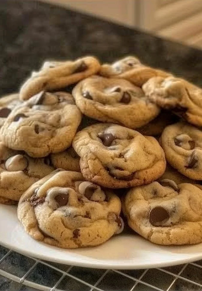A plate of the world's greatest chocolate chip cookies, fresh and golden brown.