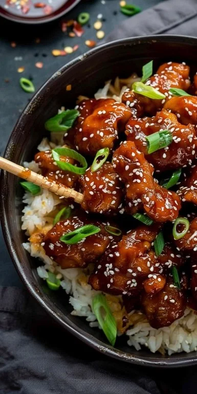 20 Minute Air Fryer Sesame Chicken on a plate with sesame seeds and green onions