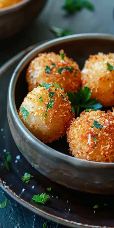Crispy air fried rice balls served on a plate with dipping sauce