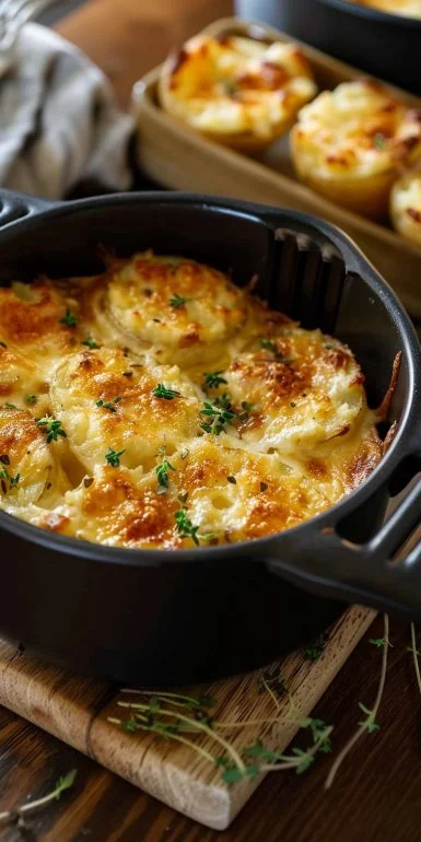 Air Fryer Au Gratin Potatoes with cheese and crispy layers, perfect side dish