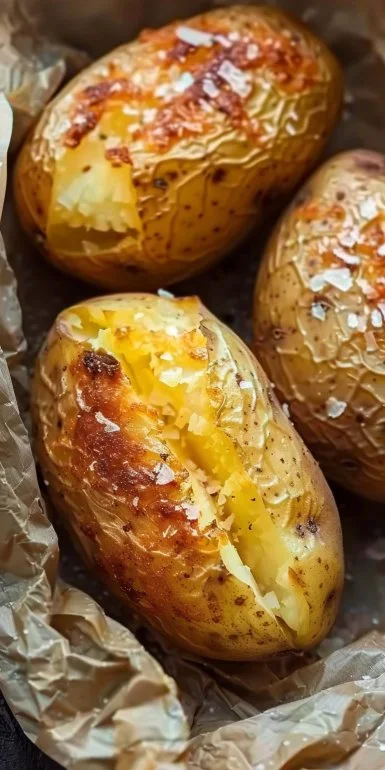 Crispy air fryer baked potatoes served with toppings.
