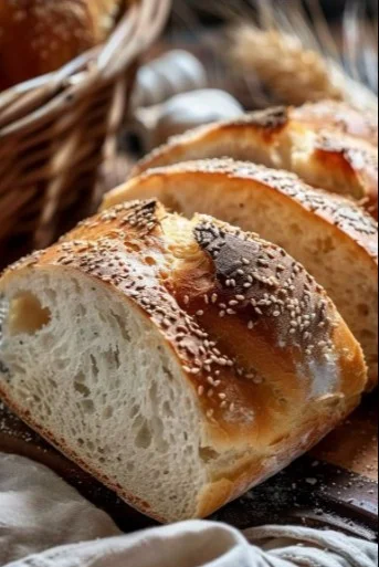 Deliciously baked Air Fryer Bread served on a wooden board.