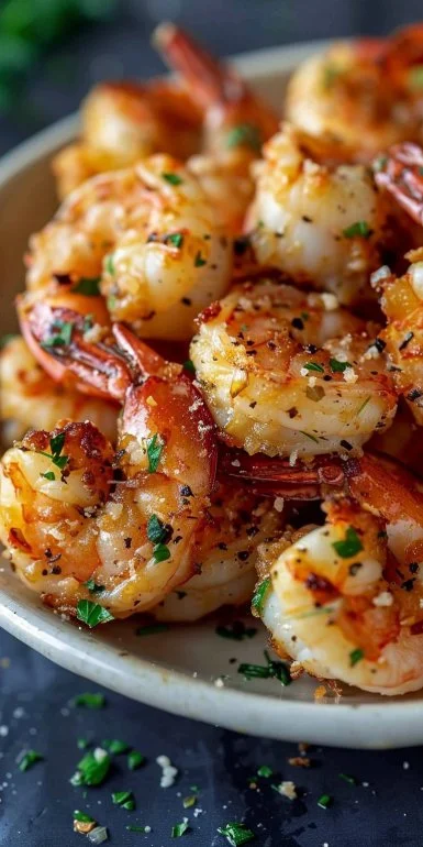 Delicious air fryer garlic parmesan shrimp served on a plate with herbs.