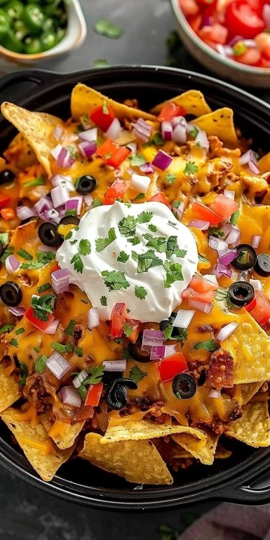 Plate of crispy air fryer nachos topped with cheese and jalapeños