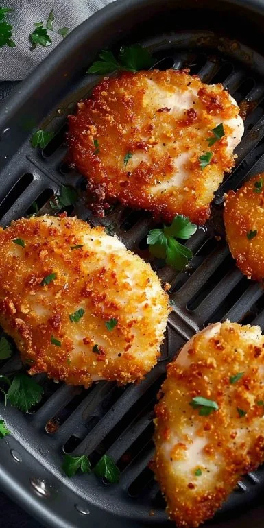 Air Fryer Parmesan Crusted Chicken served on a plate with herbs