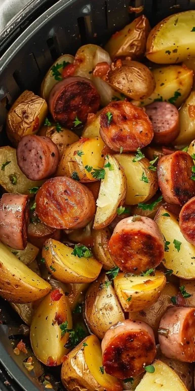 Crispy air fryer potatoes and sausage on a plate
