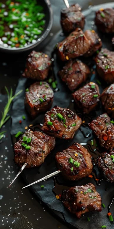 Delicious air fryer steak bites, perfectly cooked and seasoned.