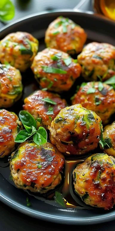 Healthy baked zucchini meatballs served on a plate with fresh herbs.