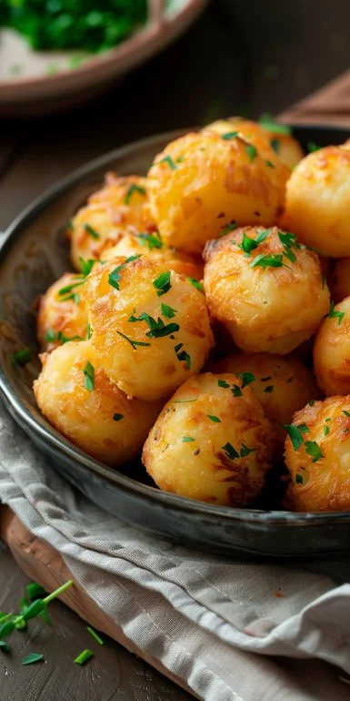 Cheesy mashed potato puff bites served on a platter