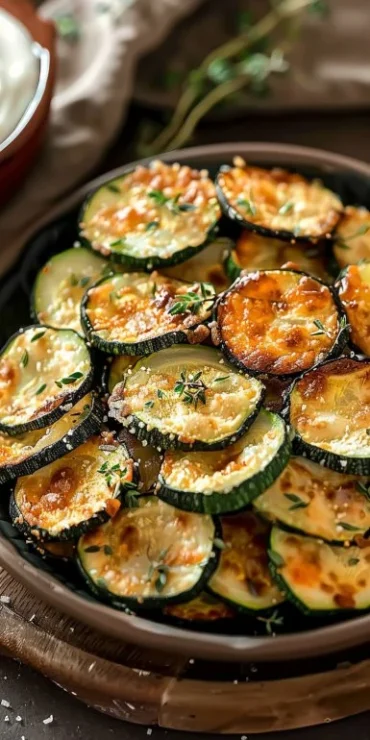 Crispy zucchini chips from the air fryer with a side of herb dip.