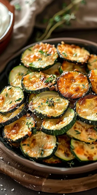 Crispy zucchini chips from the air fryer with a side of herb dip.