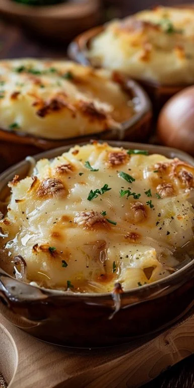 A bowl of French onion soup mashed potatoes topped with melted cheese and herbs.