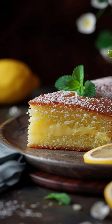 Delicious lemon yogurt cake served on a plate with lemon slices