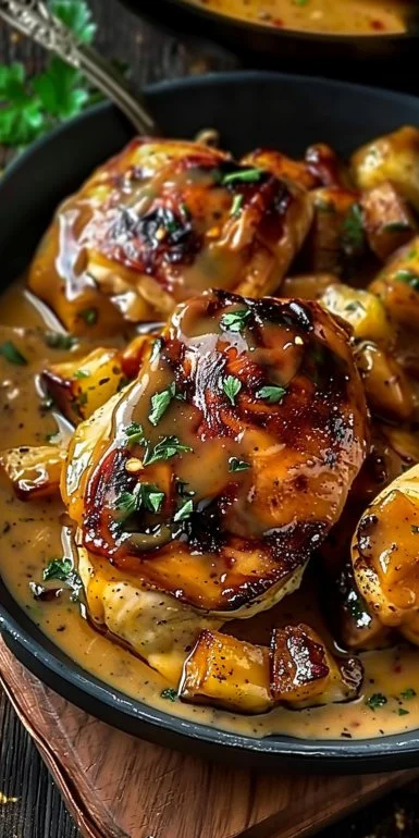 Plate of mustard chicken garnished with herbs and served with vegetables.