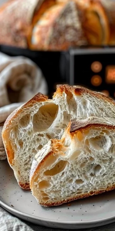 No-knead air fryer crusty bread recipe and finished loaf photo.
