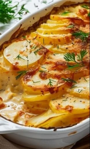 Creamy and cheesy Potato Gratin baked to perfection in a casserole dish.