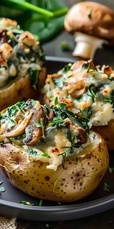 Spinach and shiitake mushroom stuffed potatoes on a plate, garnished and ready to serve.